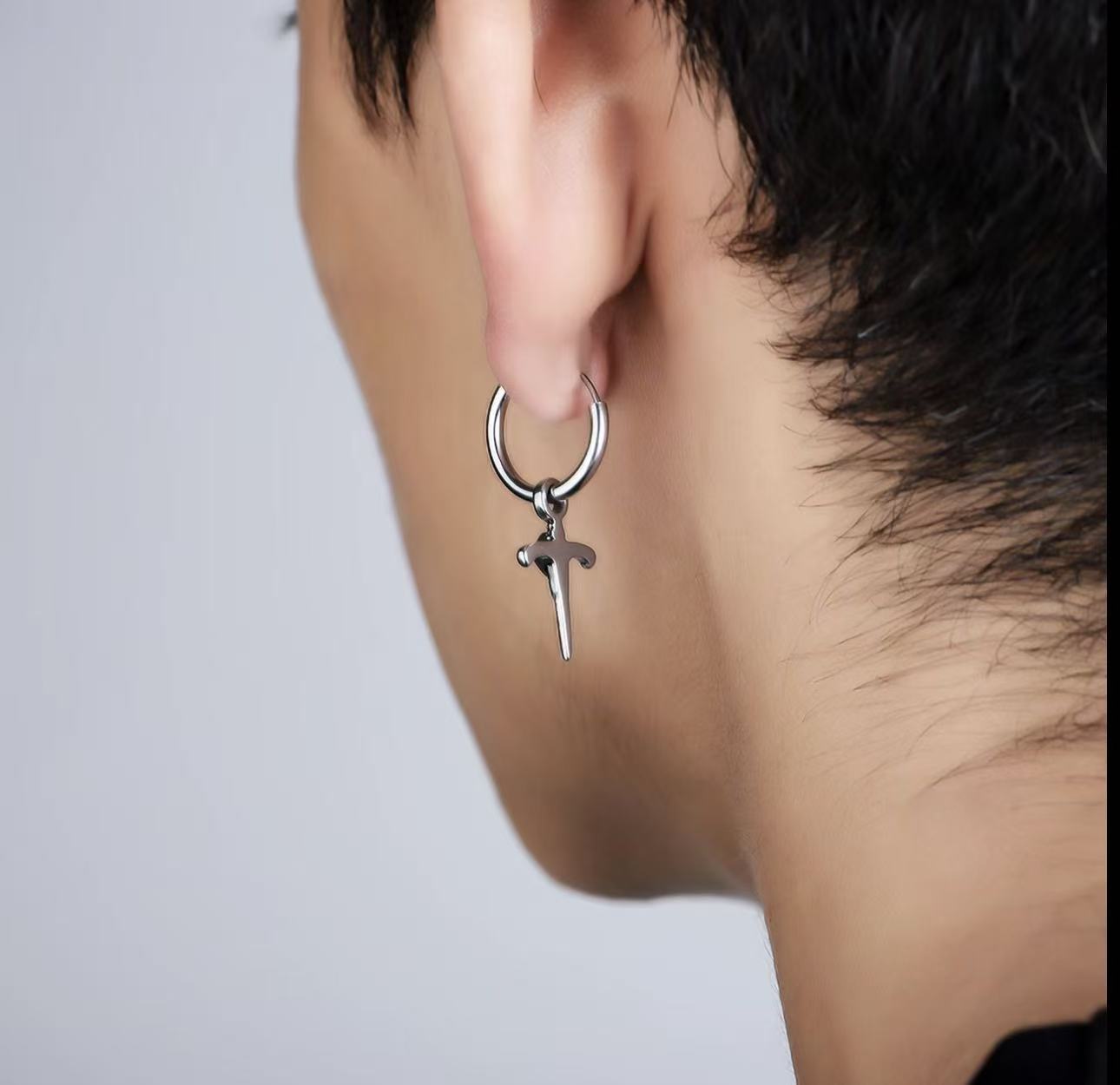 Titanium Steel Earrings with Synthetic Zircon - Men's Niche Luxury INS-Style Black Zircon Cross Design