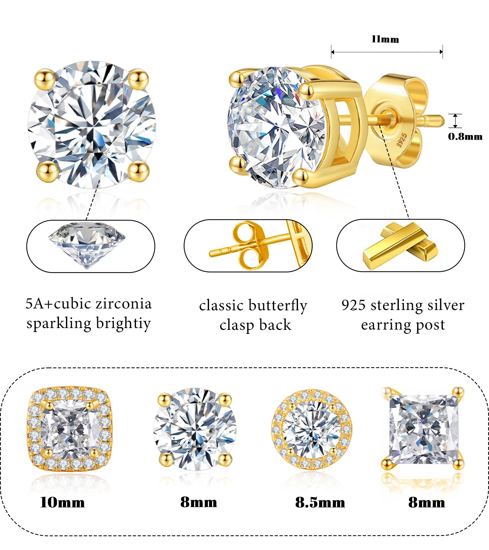 Mens Silver Earrings Hypoallergenic Sterling Silver Stud Earrings For Men Brilliant Round Cut Diamond Cubic Zirconia Silver Stud Earrings Gifts For Men Women