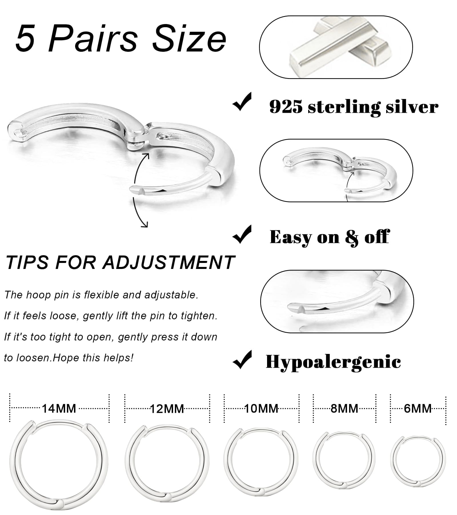 Sterling Silver Earrings for Women 5 Pairs Small Silver Hoop Earrings Hypoallergenic Mini Tiny Stacks Cartilage Hoops Helix Huggies Earrings For Women 6/8/10/12/14mm