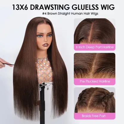 Chocolate Brown Straight Glueless Wigs 13x6 HD Transparent Lace Frontal Wigs Human Hair Pre Plucked Natural HairLine With Drawstring