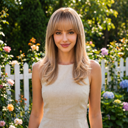 New Color! Bionic Silk Top 18-Inch Layered Shoulder-Length Caramel Latte Glueless Synthetic Wig with Bangs for Women High-Quality Premium Fiber Easy Wear Comfortable Fiber Machine Wigs