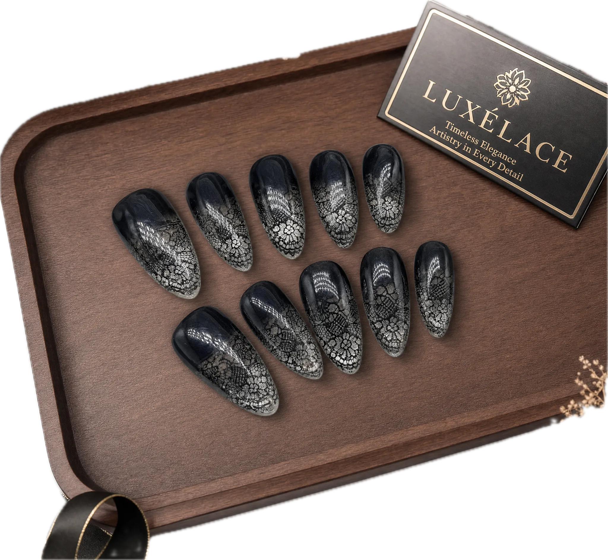 Original High-End Custom Press-On Nails: Lace, Cat's Eye, and Roses—Exuding Sophisticated Elegance