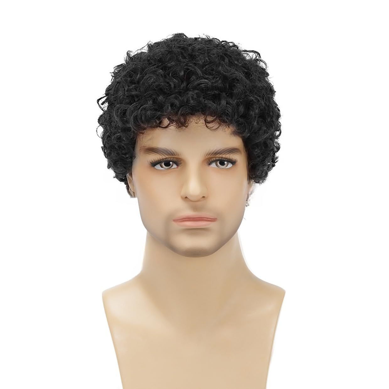 Men's Wig — Realistic, Voluminous Short Curly Hair (African-Style Tight Curls) — Black Short Curly Wig with Rose Net Cap