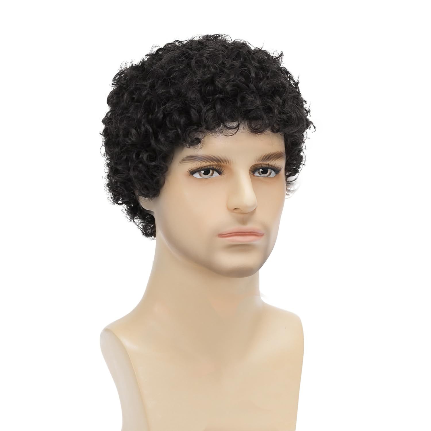 Men's Wig — Realistic, Voluminous Short Curly Hair (African-Style Tight Curls) — Black Short Curly Wig with Rose Net Cap