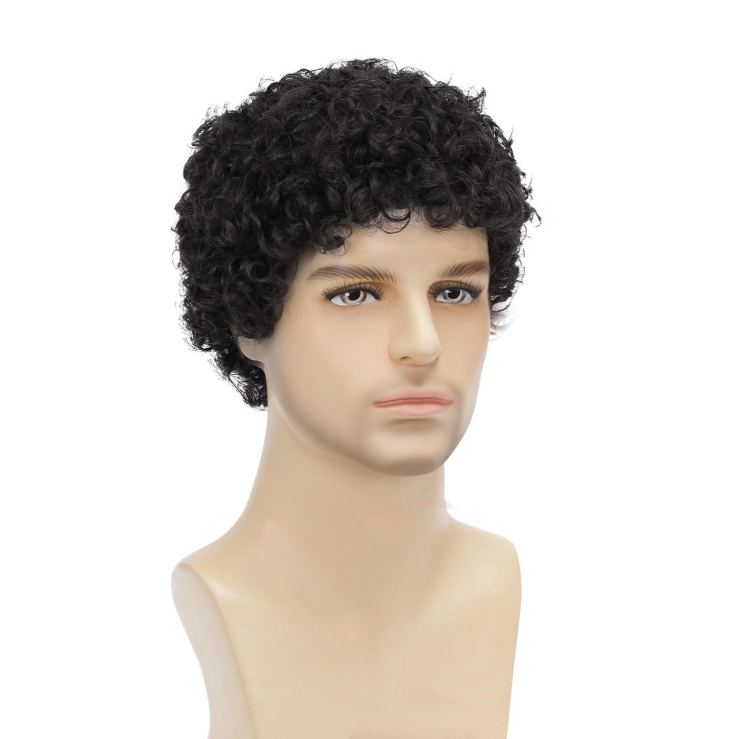 Men's Wig — Realistic, Voluminous Short Curly Hair (African-Style Tight Curls) — Black Short Curly Wig with Rose Net Cap