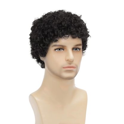 Men's Wig — Realistic, Voluminous Short Curly Hair (African-Style Tight Curls) — Black Short Curly Wig with Rose Net Cap