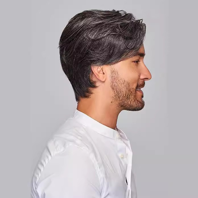 Premium Men's Business Wig — Black & White, Side-Parted, Voluminous Style with Bangs