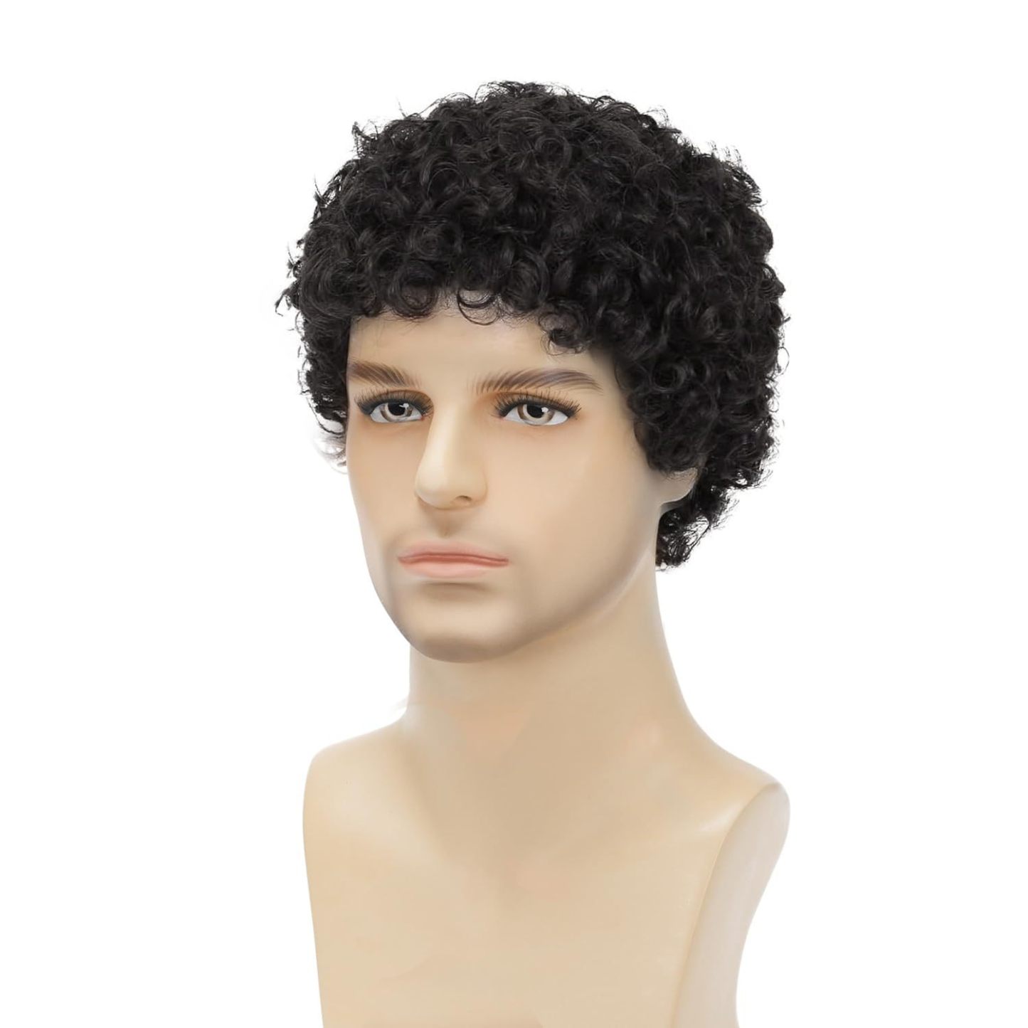 Men's Wig — Realistic, Voluminous Short Curly Hair (African-Style Tight Curls) — Black Short Curly Wig with Rose Net Cap