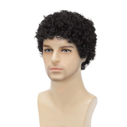 Men's Wig — Realistic, Voluminous Short Curly Hair (African-Style Tight Curls) — Black Short Curly Wig with Rose Net Cap