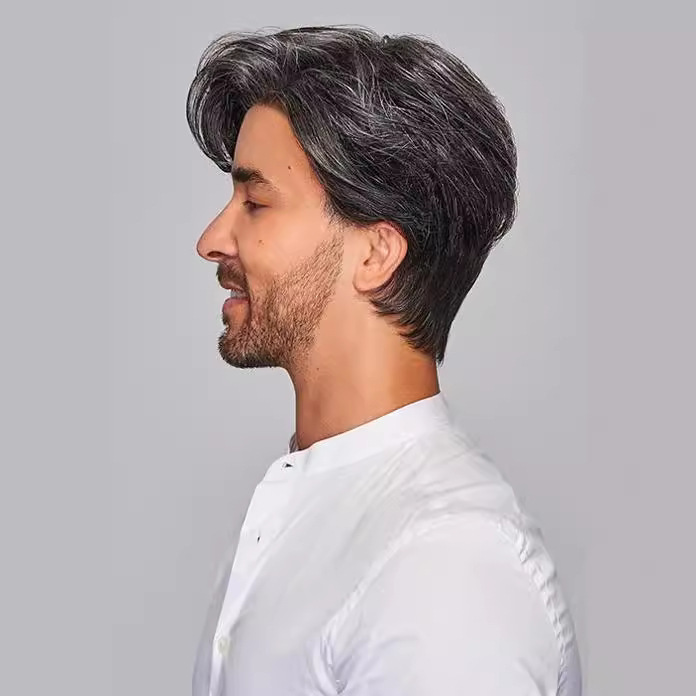 Premium Men's Business Wig — Black & White, Side-Parted, Voluminous Style with Bangs