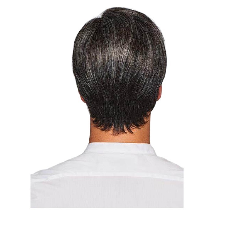 Premium Men's Business Wig — Black & White, Side-Parted, Voluminous Style with Bangs