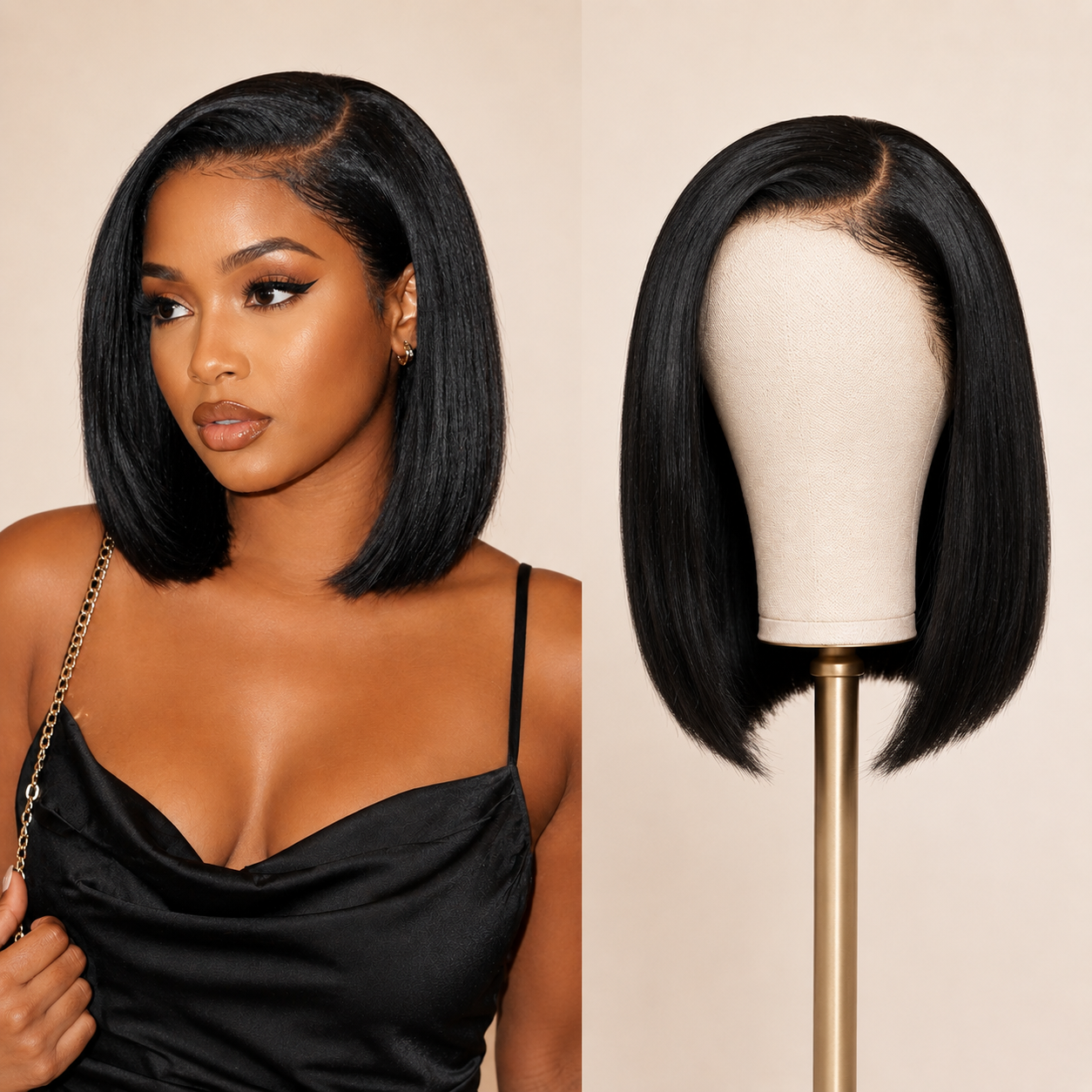9x7 Glueless Synthetic Wear and Go Straight Wigs Double Drawn Bob Wig High Density, Natural Hairline with Tiny Knots 
