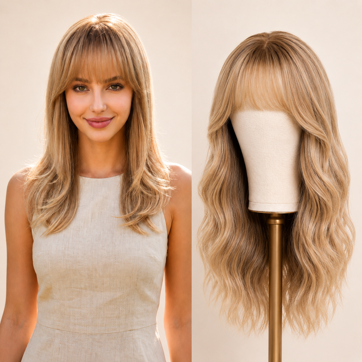 New Color! Bionic Silk Top 18 Inch Layered Shoulder Length Caramel Latte Glueless Synthetic Wig with Bangs for Women High-Quality Premium Fiber Easy Wear Comfortable Fiber Machine Wigs