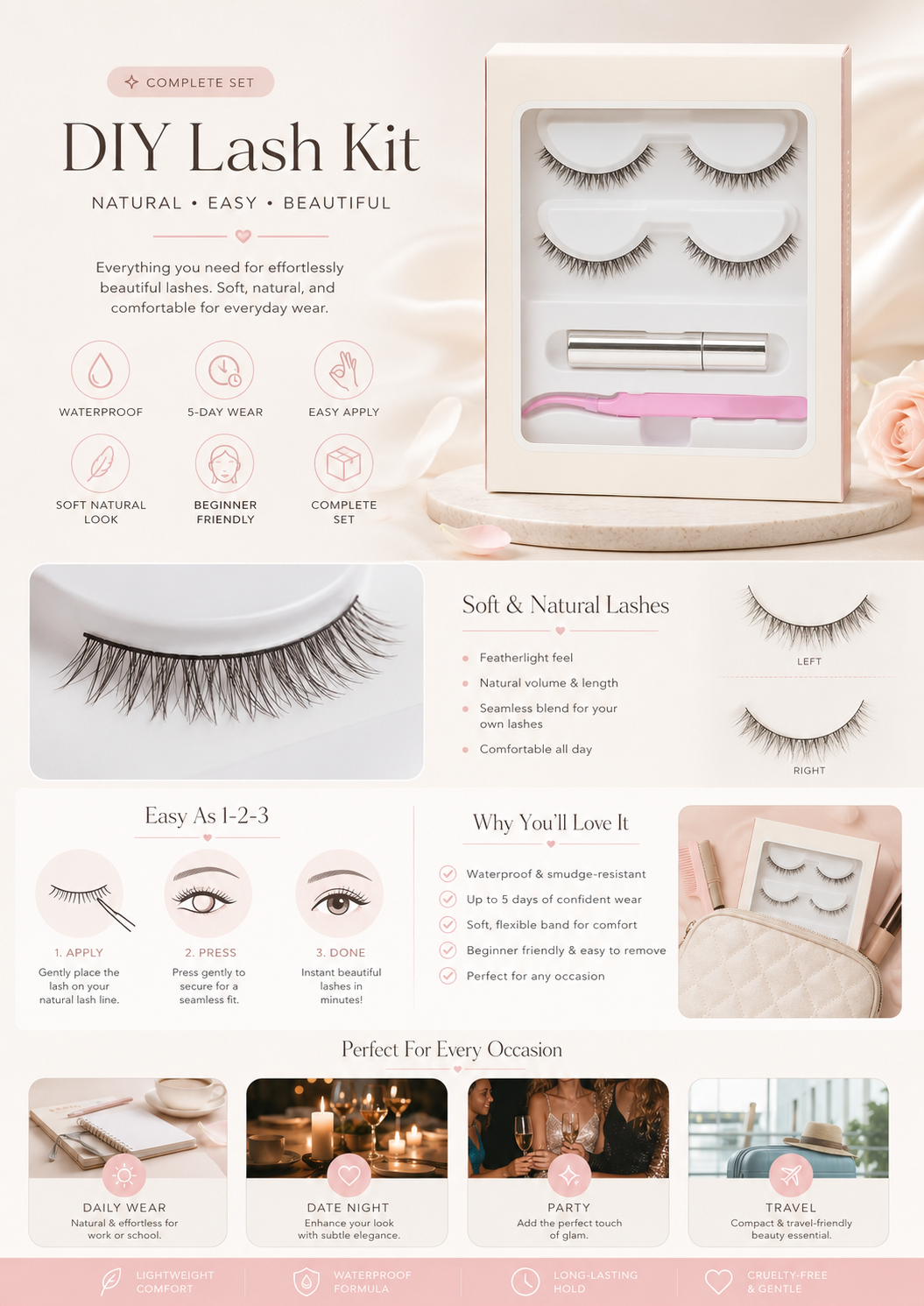 Complete Kit - DIY lashes kit -lash extensions kit - 5 styles  3 sets - tweezer - short wear- Adhesive - glue