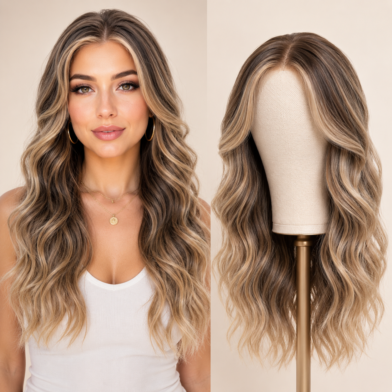 Free Part Lace Front Long-13×6 Length Curly Ombre Blonde with Highlights Glue less Synthetic Wig for Women 24 Inches