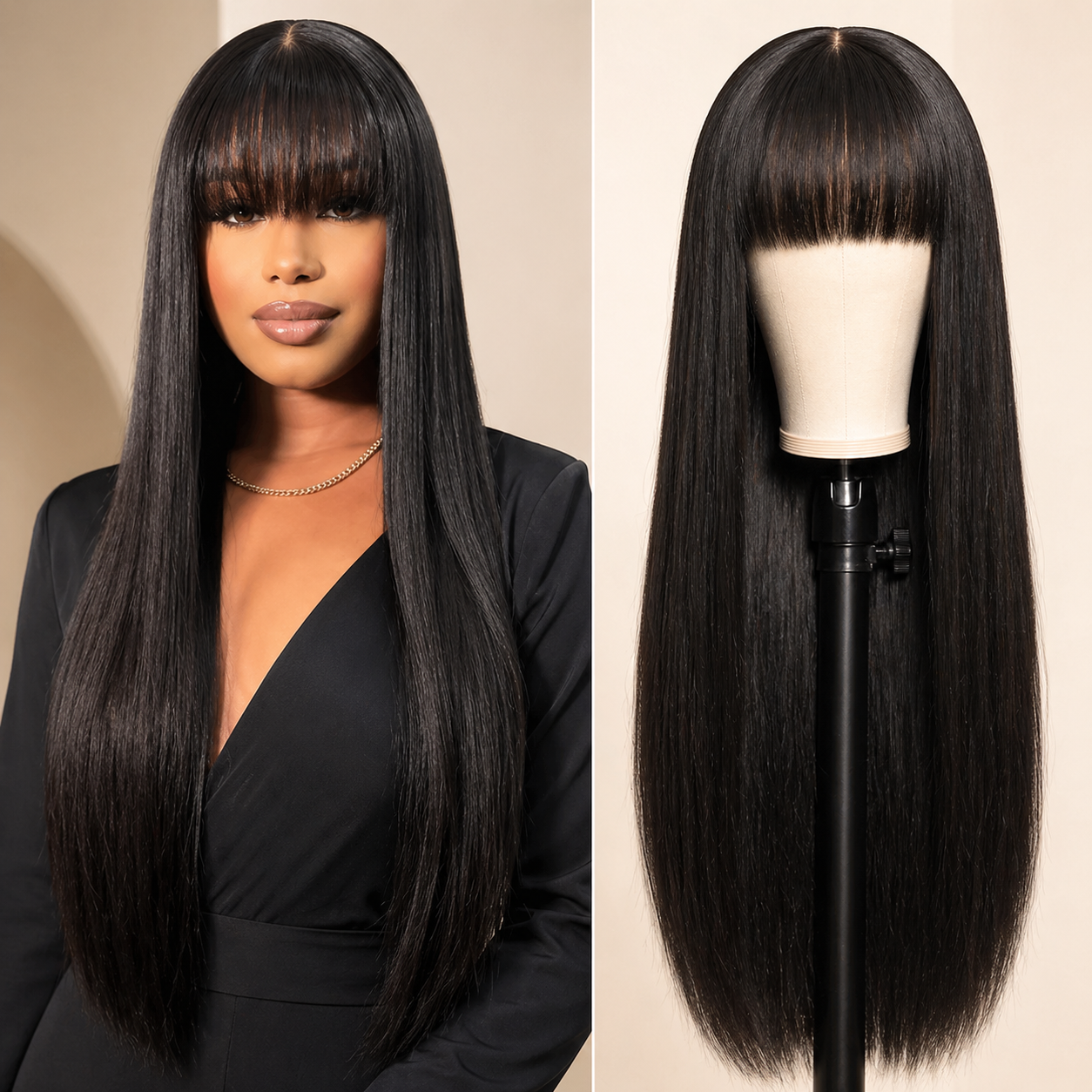 [New In Upgrade With Drawstring] Straight Wigs with Bangs Human Hair 2x4 Lace Wig with Drawstring 180% Density Middle Part for Black Women Glueless Machine Made Wigs