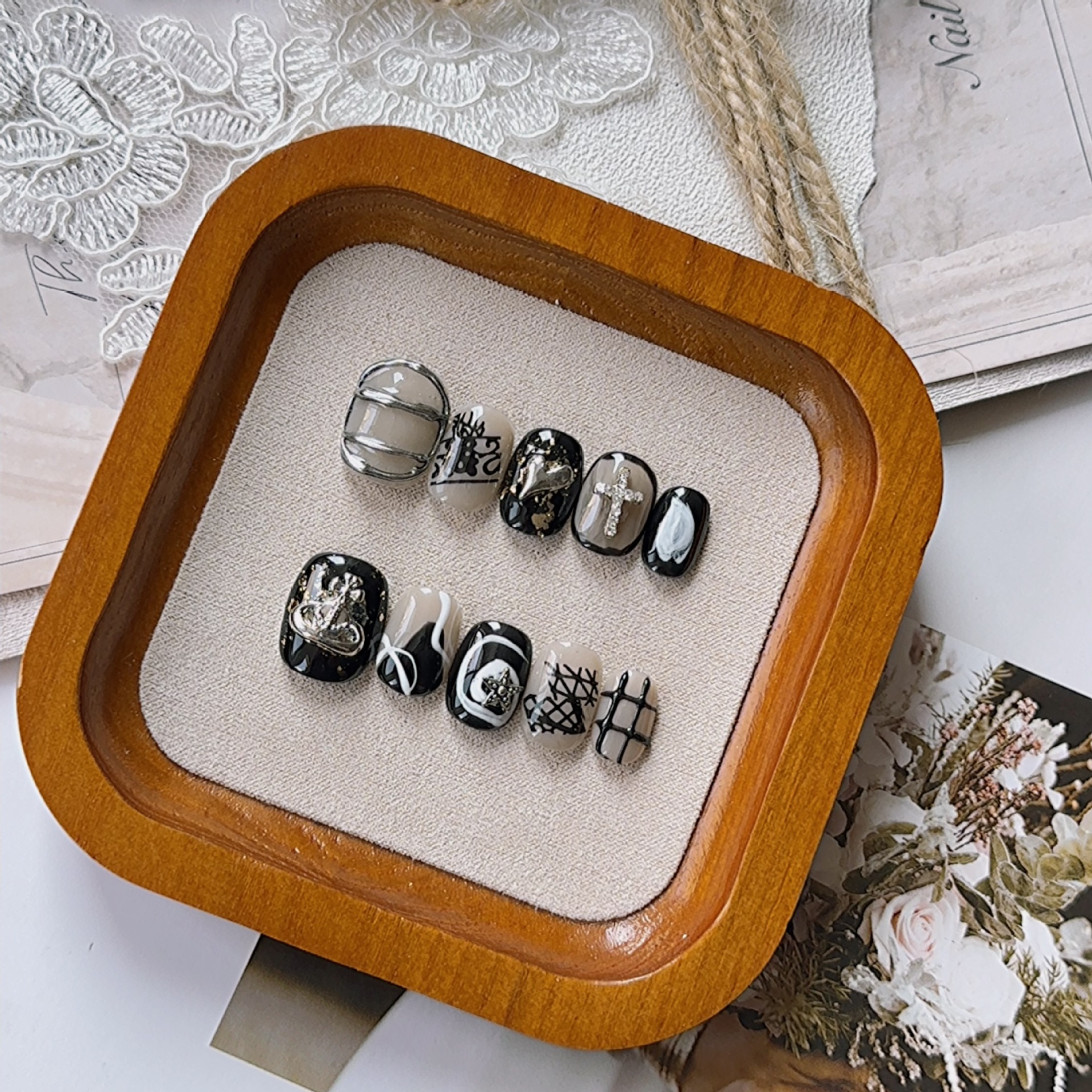 : Long Teardrop-Shaped Rhinestones & French Manicure Style