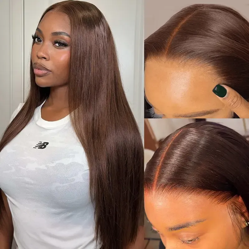 Chocolate Brown Straight Glueless Wigs 13x6 HD Transparent Lace Frontal Wigs Human Hair Pre Plucked Natural HairLine With Drawstring