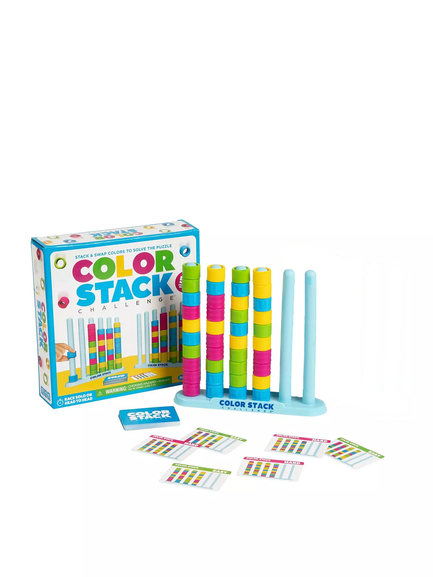 Relatable Color Stack Challenge – Fast-Paced Puzzle Race Game。Includes 2 stack racks, 80 colorful rings, 50 Easy & Hard challenge cards and instructions.