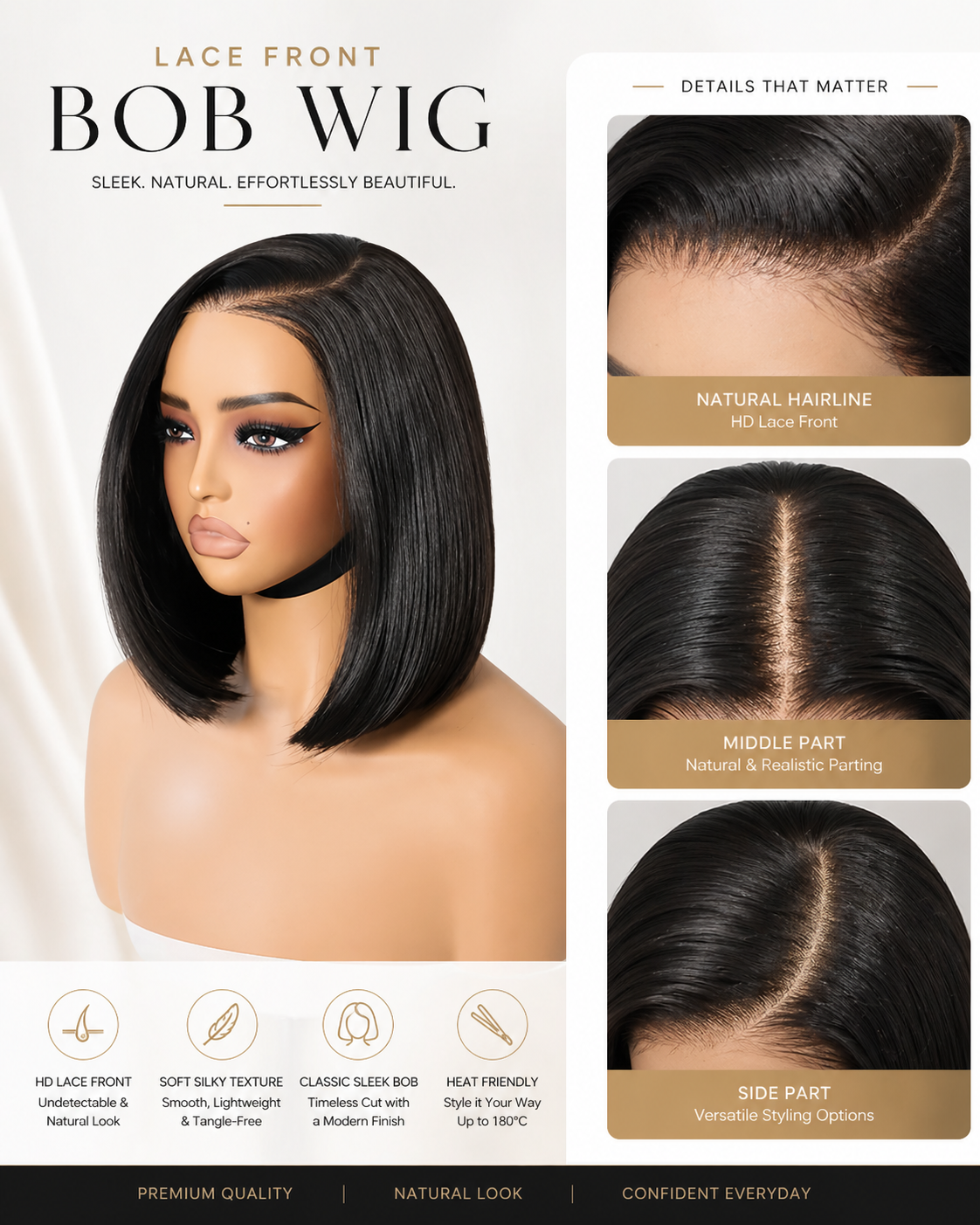9x7 Glueless Synthetic Wear and Go Straight Wigs Double Drawn Bob Wig High Density, Natural Hairline with Tiny Knots