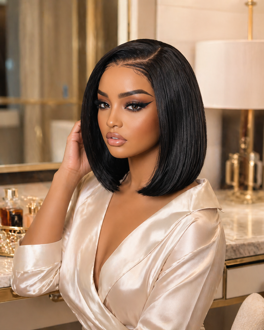 9x7 Glueless Synthetic Wear and Go Straight Wigs Double Drawn Bob Wig High Density, Natural Hairline with Tiny Knots