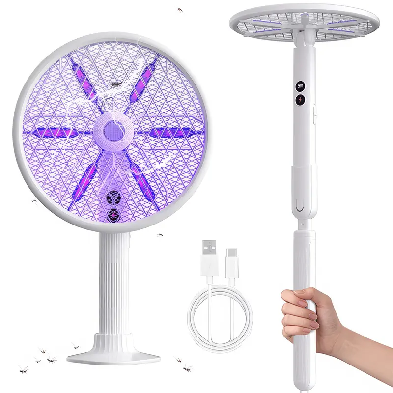 Rotating Head Electric Fly Swatter Racket Rechargeable Bug Zapper Racket Bug Zapper Indoor Fly Zapper Mosquito Zapper Flies Killer for Indoors, with a Telescopic Extension