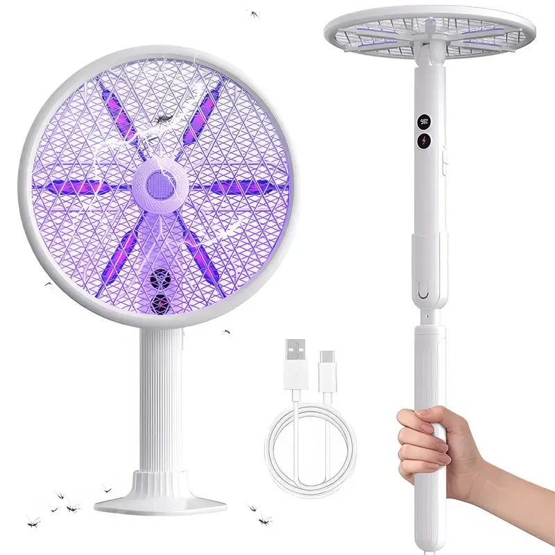 Rotating Head Electric Fly Swatter Racket Rechargeable Bug Zapper Racket Bug Zapper Indoor Fly Zapper Mosquito Zapper Flies Killer for Indoors, with a Telescopic Extension