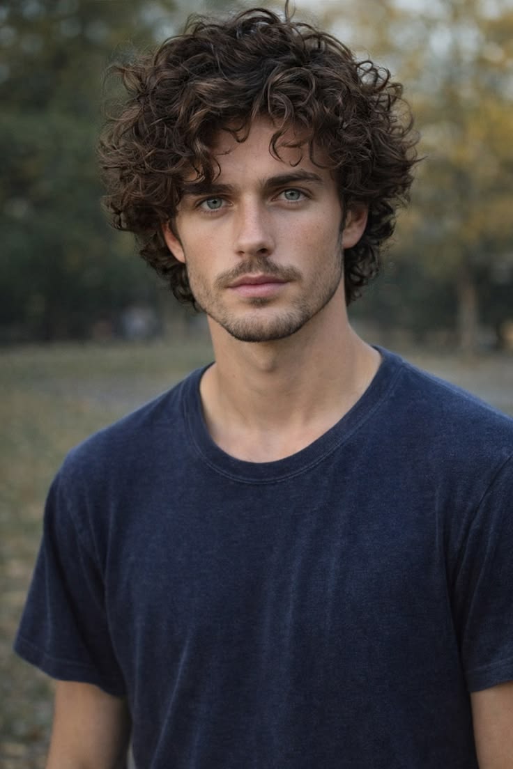 Stylish Men's Wig: Fluffy & Natural Deep Brown Short Curly Hair — Full-Head Wig with Swept-Back Bangs