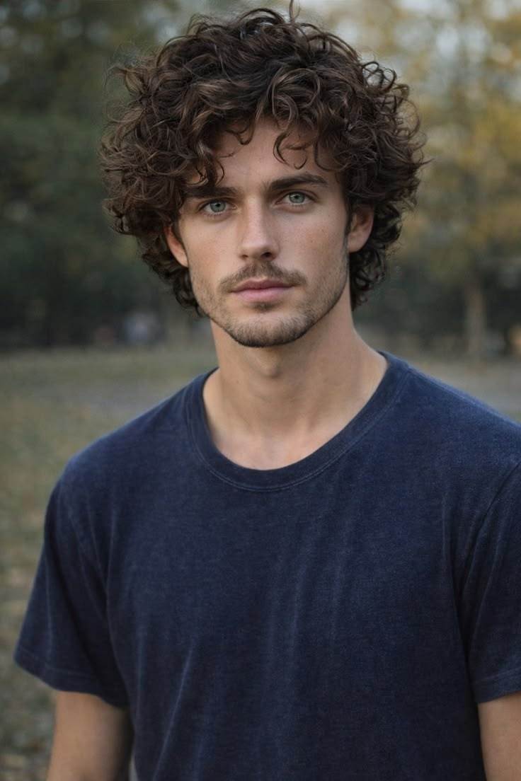 Stylish Men's Wig: Fluffy & Natural Deep Brown Short Curly Hair — Full-Head Wig with Swept-Back Bangs