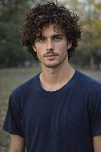 Stylish Men's Wig: Fluffy & Natural Deep Brown Short Curly Hair — Full-Head Wig with Swept-Back Bangs