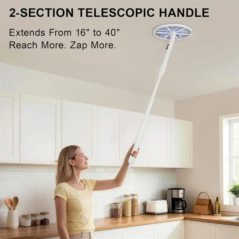 Rotating Head Electric Fly Swatter Racket Rechargeable Bug Zapper Racket Bug Zapper Indoor Fly Zapper Mosquito Zapper Flies Killer for Indoors, with a Telescopic Extension