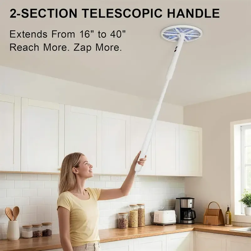 Rotating Head Electric Fly Swatter Racket Rechargeable Bug Zapper Racket Bug Zapper Indoor Fly Zapper Mosquito Zapper Flies Killer for Indoors, with a Telescopic Extension