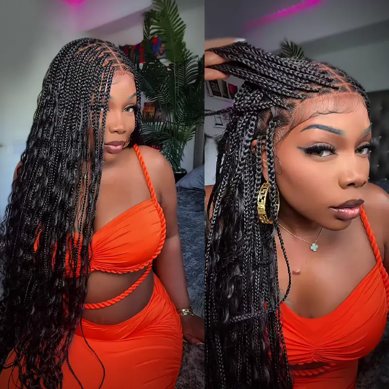 36 Inches Full Lace Premium Synthetic Fiber Bohemian Box Braided Wigs Knotless Glueless Boho