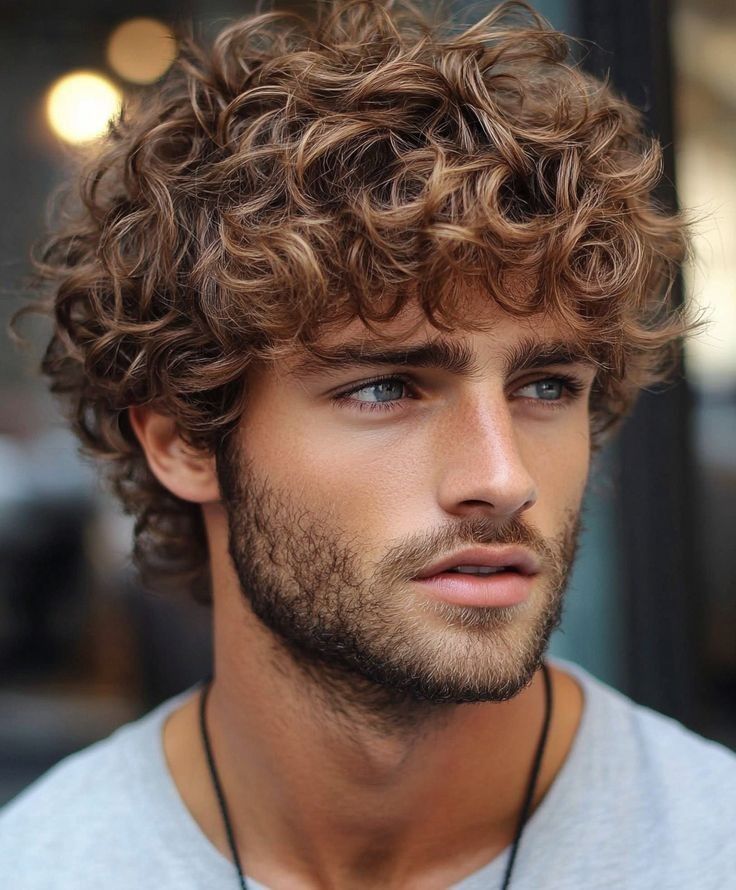 Stylish Men's Wig: Fluffy & Natural Deep Brown Short Curly Hair — Full-Head Wig with Swept-Back Bangs