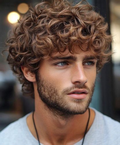 Stylish Men's Wig: Fluffy & Natural Deep Brown Short Curly Hair — Full-Head Wig with Swept-Back Bangs