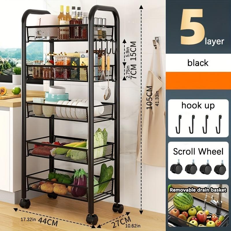 5-Tier Rolling Storage Rack with Scroll Wheel & Removable Drain Basket for Kitchen & Office 41.33x17.32x10.62 inches Black Fruit Compact Design