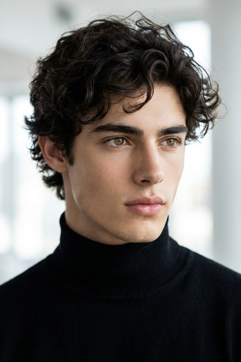 Stylish Men's Wig: Fluffy & Natural Deep Brown Short Curly Hair — Full-Head Wig with Swept-Back Bangs