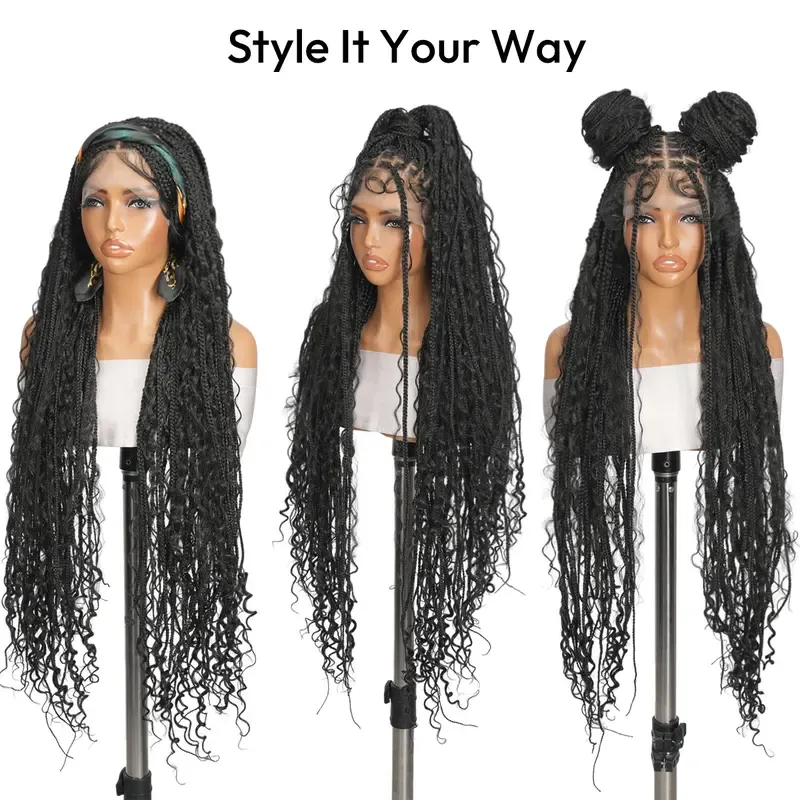 36 Inches Full Lace Premium Synthetic Fiber Bohemian Box Braided Wigs Knotless Glueless Boho