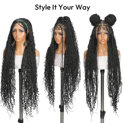 36 Inches Full Lace Premium Synthetic Fiber Bohemian Box Braided Wigs Knotless Glueless Boho