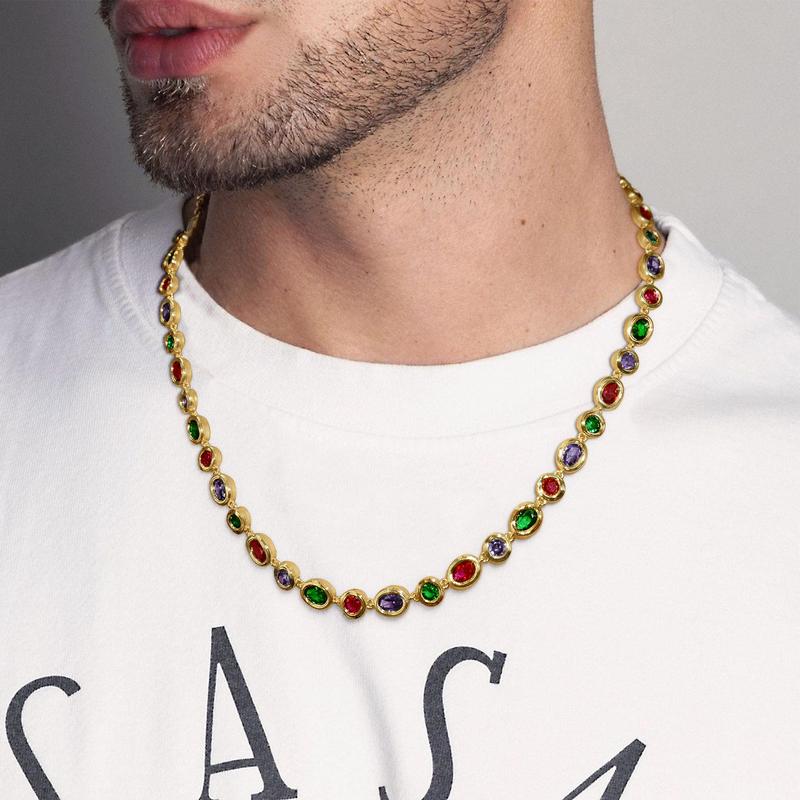 Multi-Color Gemstone Necklace for Women & Men 14ct Lab-Grown Gemstones 18K Gold Plated Adjustable 16-18 Inches Vintage Statement Gift