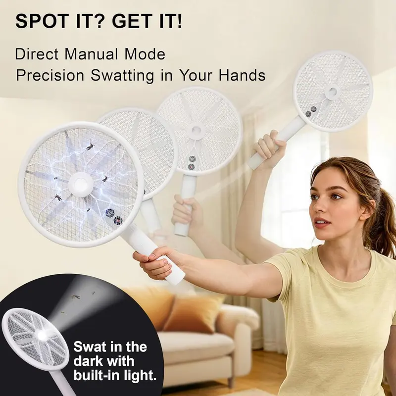 Rotating Head Electric Fly Swatter Racket Rechargeable Bug Zapper Racket Bug Zapper Indoor Fly Zapper Mosquito Zapper Flies Killer for Indoors, with a Telescopic Extension
