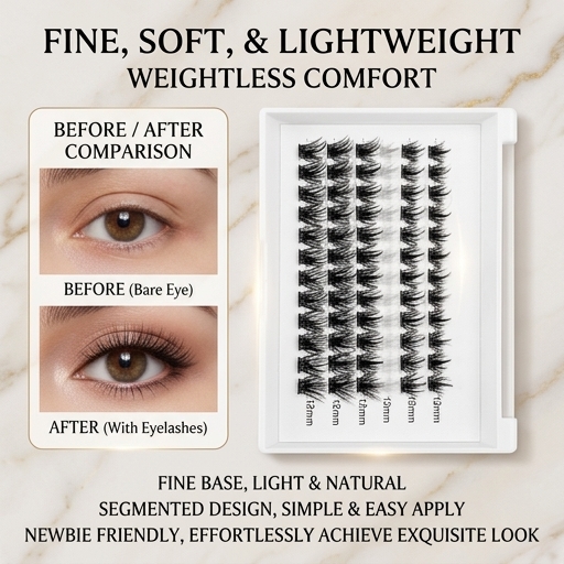 Self-Adhesive Lashes| Press-On Eyelash Clusters, Ultra-Thin Self-Adhesive Jelly Band - Beginner Friendly Lightweight Easy Apply DIY Individual False Eyelashes, Must-Have Trending Best Selling Gift Set