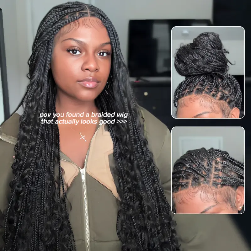 36 Inches Full Lace Premium Synthetic Fiber Bohemian Box Braided Wigs Knotless Glueless Boho