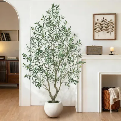 Realistic Artificial Olive Tree with Thick Trunk & Lifelike Fruit – 5/6/7/8FT, Perfect for Home & Office Décor with Round White Pot