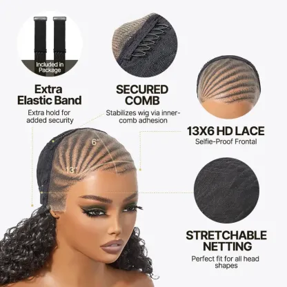 Fiber 13×6 Braided Cornrow Wig —Water Wave Lace Front Wig for Black Women Pre-Cut Lace Wig | Natural Look, Beginner Friendly