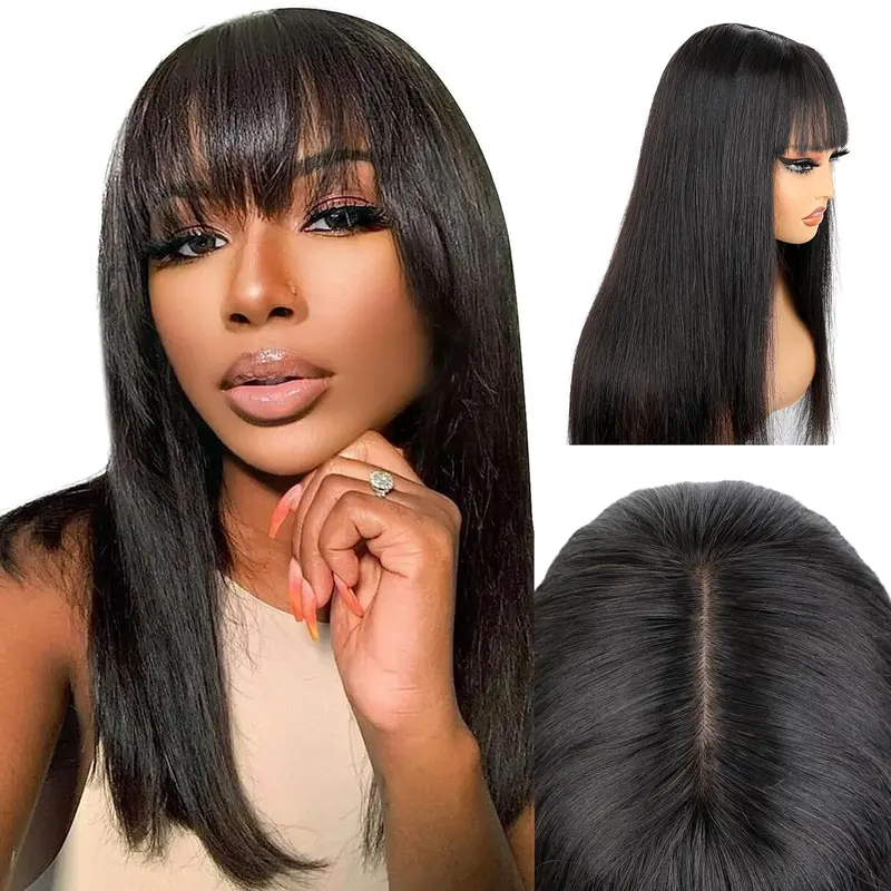 [New In Upgrade With Drawstring] Straight Wigs with Bangs Human Hair 2x4 Lace Wig with Drawstring 180% Density Middle Part for Black Women Glueless Machine Made Wigs