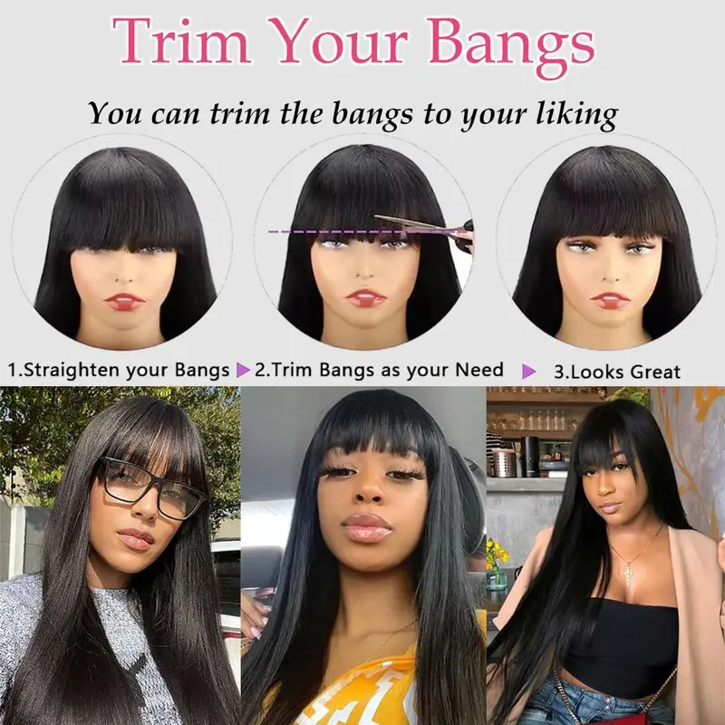 [New In Upgrade With Drawstring] Straight Wigs with Bangs Human Hair 2x4 Lace Wig with Drawstring 180% Density Middle Part for Black Women Glueless Machine Made Wigs