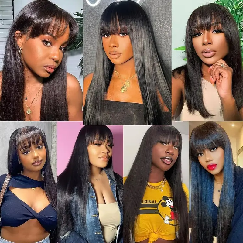 [New In Upgrade With Drawstring] Straight Wigs with Bangs Human Hair 2x4 Lace Wig with Drawstring 180% Density Middle Part for Black Women Glueless Machine Made Wigs