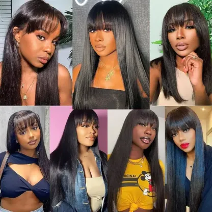[New In Upgrade With Drawstring] Straight Wigs with Bangs Human Hair 2x4 Lace Wig with Drawstring 180% Density Middle Part for Black Women Glueless Machine Made Wigs