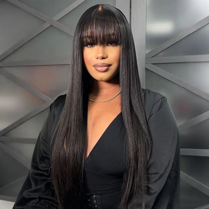 [New In Upgrade With Drawstring] Straight Wigs with Bangs Human Hair 2x4 Lace Wig with Drawstring 180% Density Middle Part for Black Women Glueless Machine Made Wigs